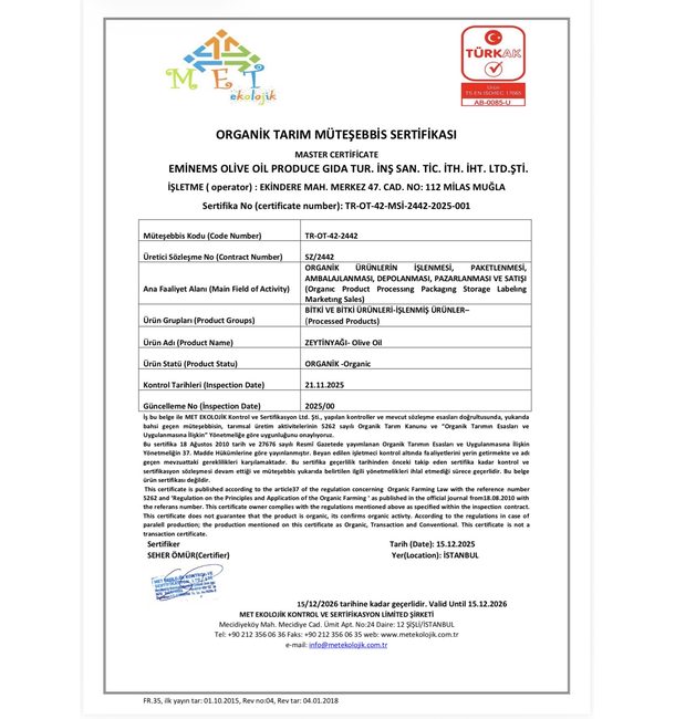 Bio-Master-Zertifikat TR-OT-42-MSİ-2442-2025-001 von MET Ekolojik und TÜRKAK